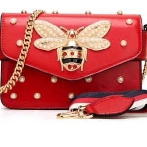 New - Red Embellished Bee Handbag